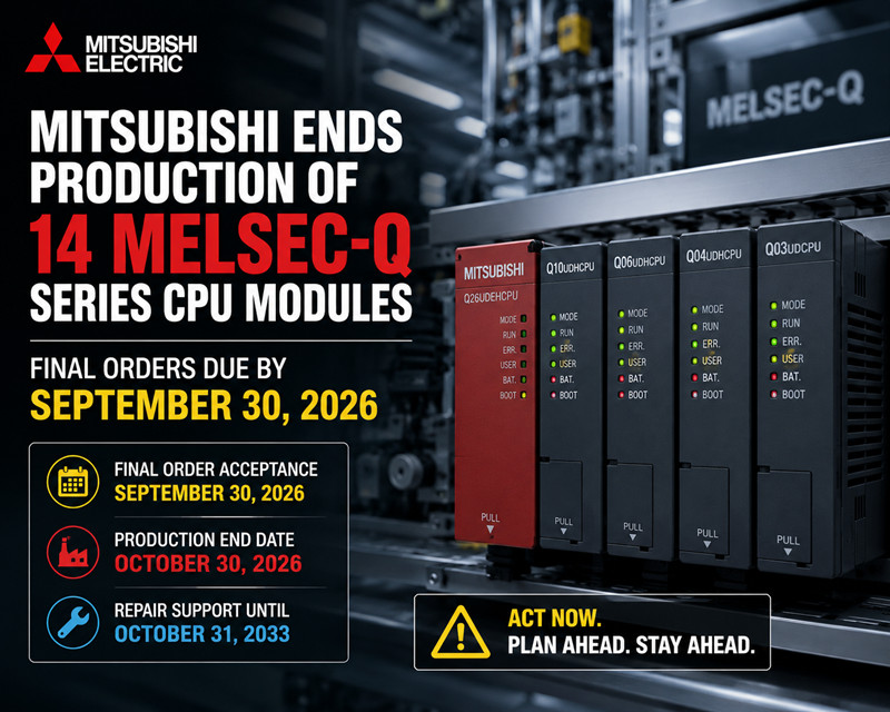 Mitsubishi Ends Production of 14 MELSEC-Q Series CPU Modules: Final Orders Due by September 30, 2026